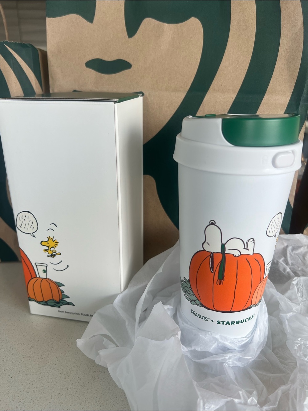 Starbucks White Travel Tumbler with Orange Pumpkin and Green Lid